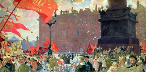 Feierlichkeiten zur Eröffnung des Zweiten Kongresses der Komintern und Demonstration auf dem Uritsky (Palast) Platz in Petrograd am 19. Juli 1920